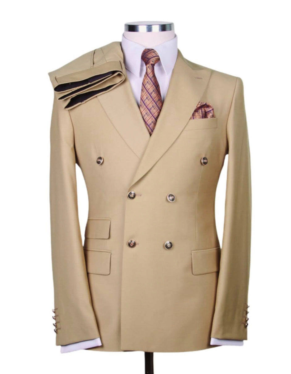 Mens Designer Modern Fit Double Breasted Wool Suit with Gold Buttons in Camel - Men's Tuxedo USA