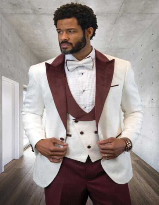 Maroon Tuxedo  - Mens Burgundy Tuxedo Jacket + Vest + Pants - Single Breasted Wedding Tuxedo - Men's Tuxedo USA