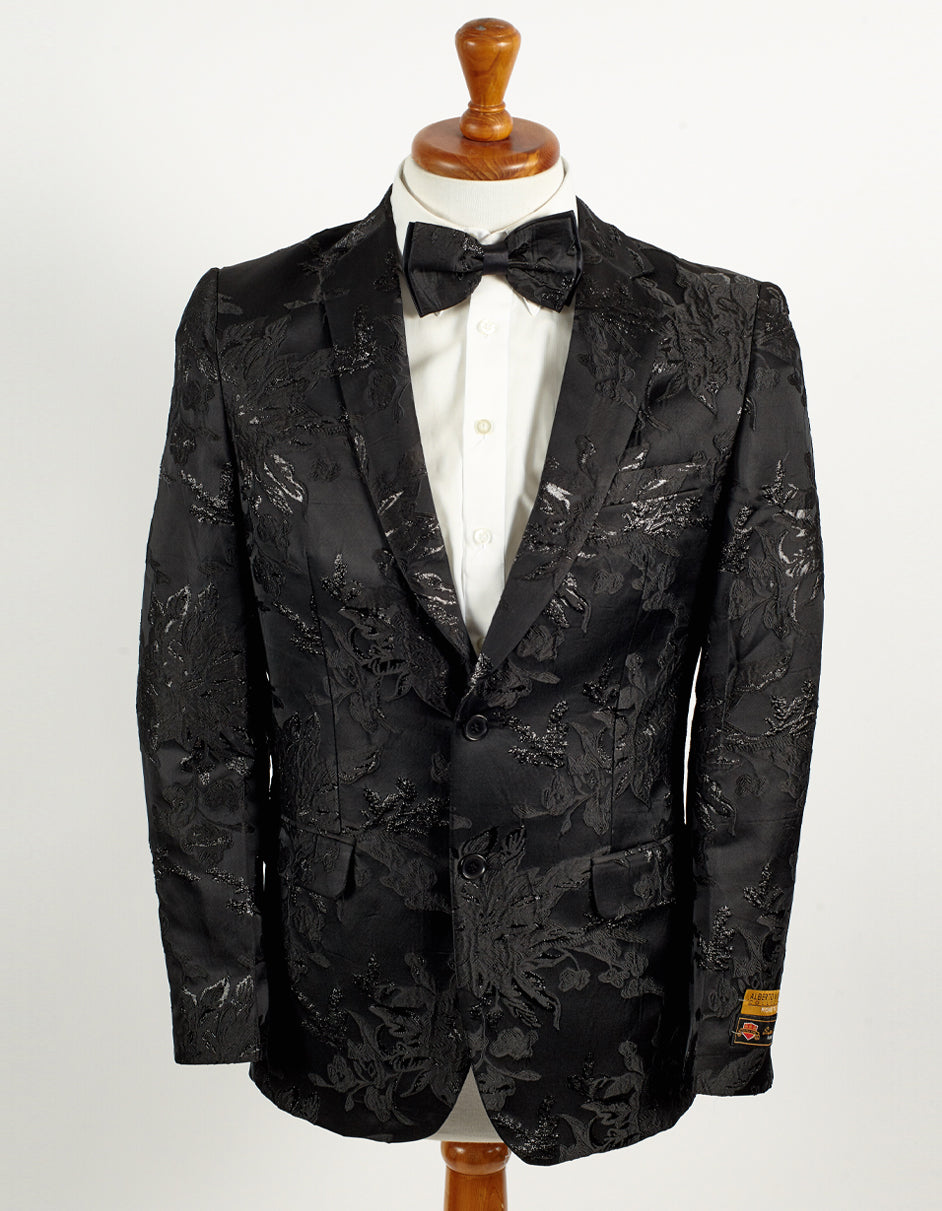 Mens 2 Button Black Shiny Floral Paisley Prom and Wedding Blazer - Men's Tuxedo USA