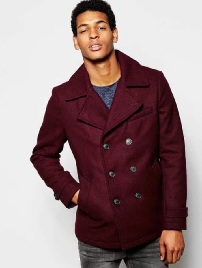 Mens Wool Burgundy ~ Wine Wool Double Breasted Coat ~ Designer men's Wool Peacoat Sale - Men's Tuxedo USA