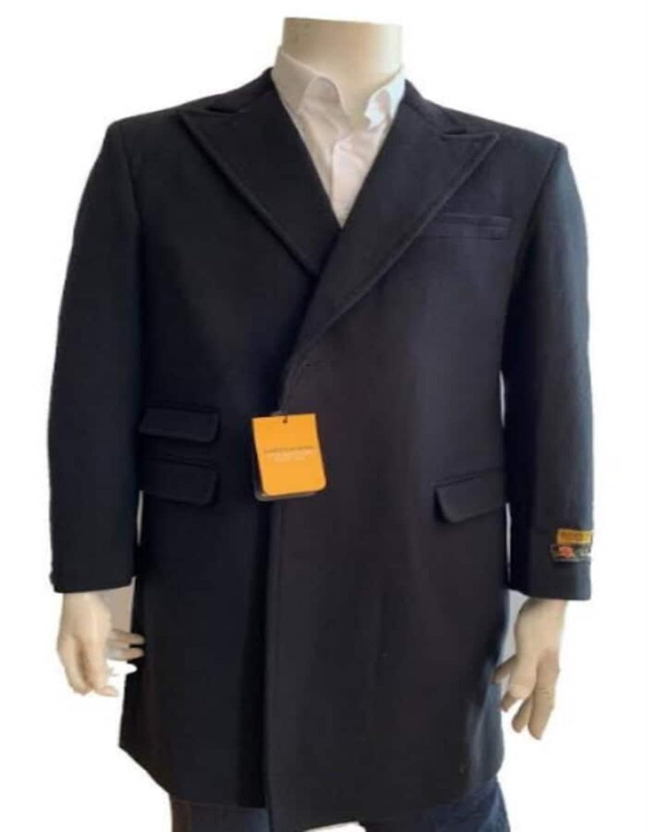 Mens Overcoat - Wool Three Quarter Car Coat + Black - Men's Tuxedo USA