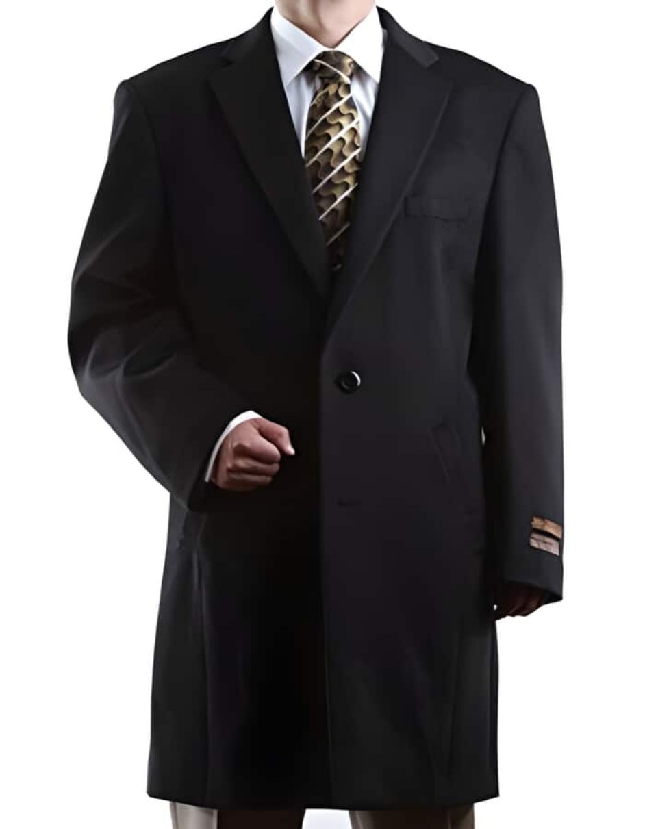 Men's Three Quarter Length Wool/Cashmere 2 Buttons Luxury Long men's Dress Topcoat - Winter coat Black - Men's Tuxedo USA