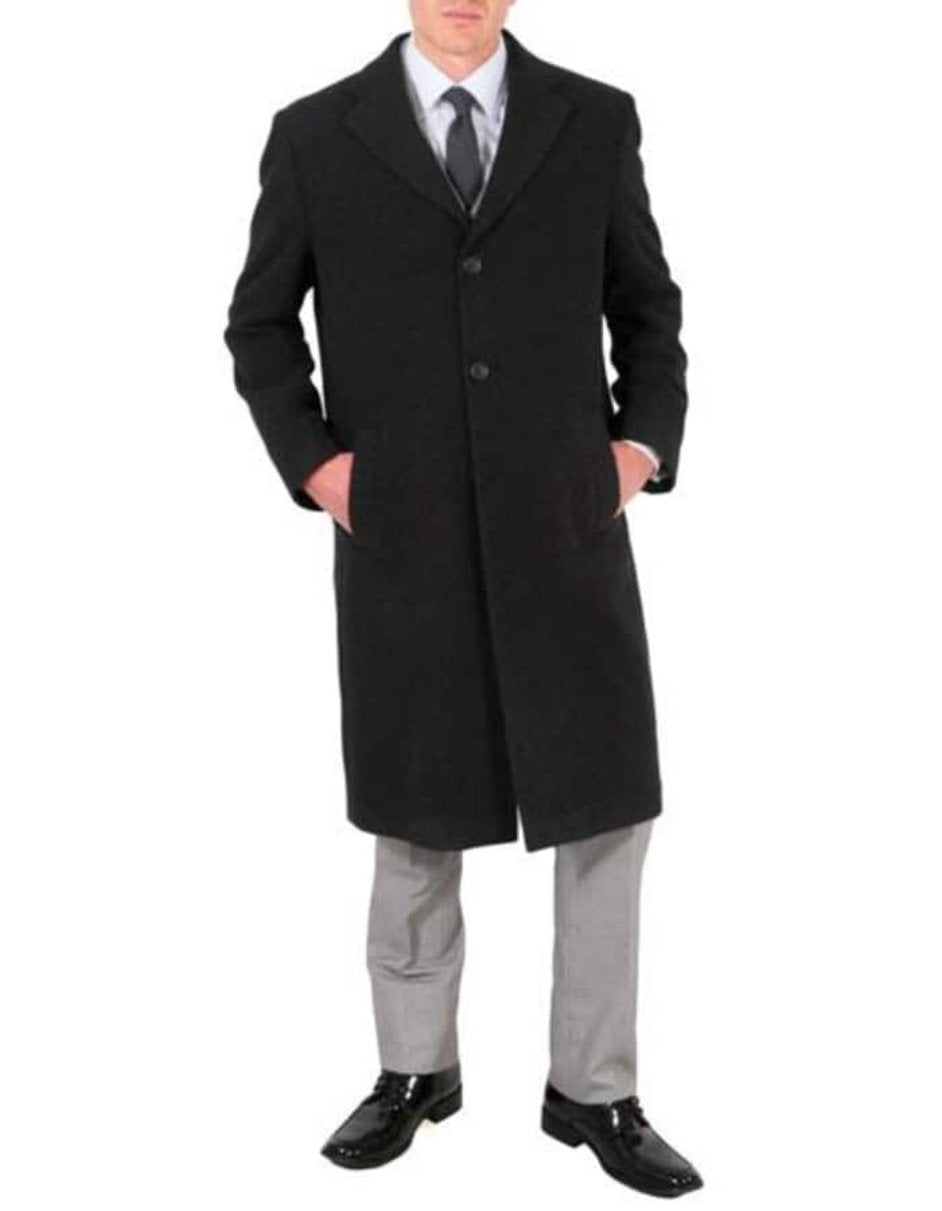 3 Button Wool/Poly Dark Charcoal Overcoat With Slanted Pockets - Men's Tuxedo USA