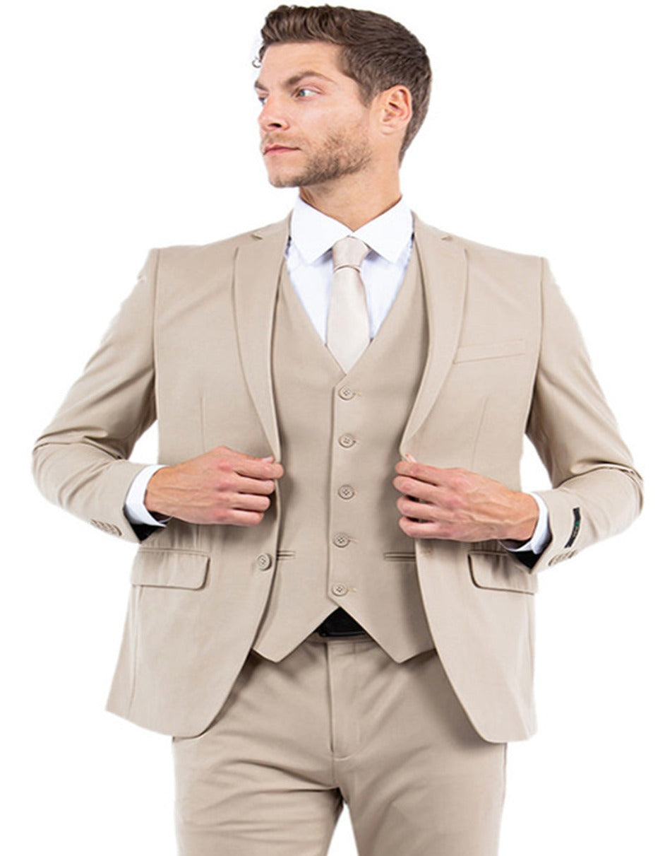 Men's One Button Vested Slim Fit Business & Wedding Suit in Tan - Men's Tuxedo USA