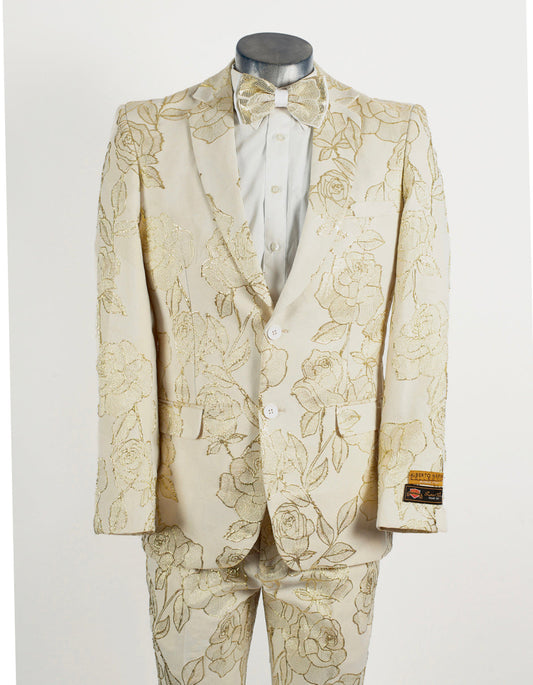 Mens 2 Button Ivory & Gold Foil Floral Paisley Prom & Wedding Tuxedo - Men's Tuxedo USA