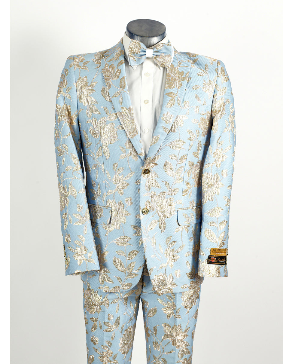 Mens 2 Button Sky Blue & Silver Foil Paisley Prom & Wedding Tuxedo - Men's Tuxedo USA