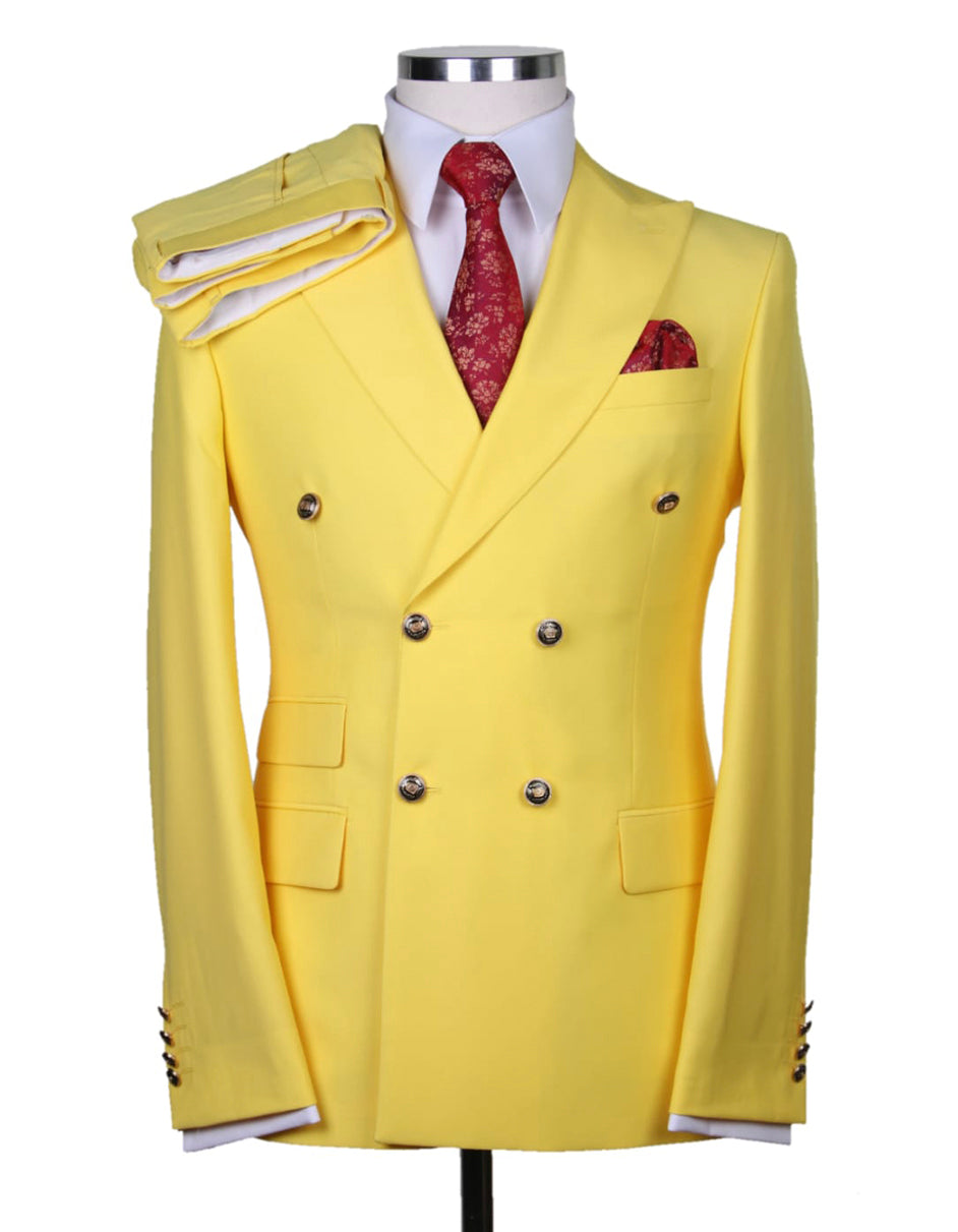 Mens Designer Modern Fit Double Breasted Wool Suit with Gold Buttons in Yellow - Men's Tuxedo USA